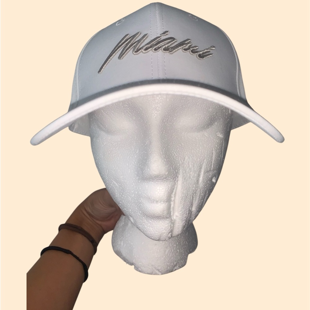 White and Silver Miami Cap from 2025 F1 Race with J. P. Morgan & Racetrack Pin
